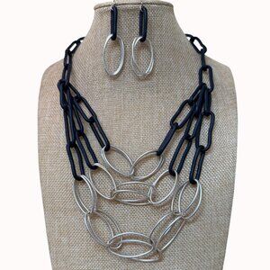 Chico's Layered Silver & Black Oval Link Necklace Earring Set, Statement, Biker